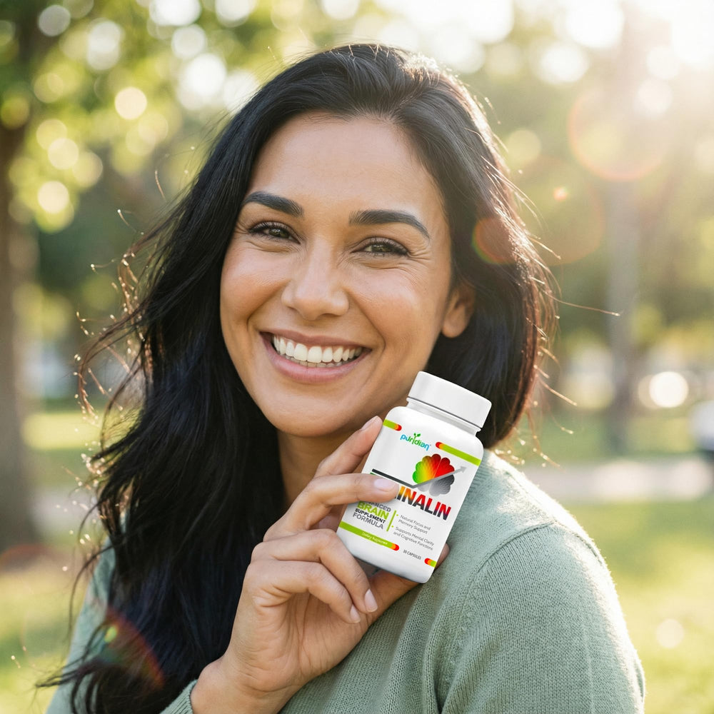 Puridian Brainalin bottle side label showing non-GMO and caffeine-free claims.