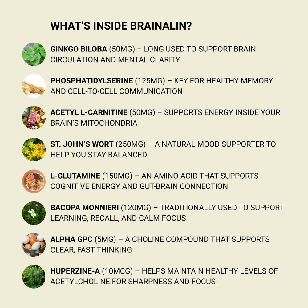 Puridian Brainalin capsules close-up highlighting easy-to-swallow capsules.