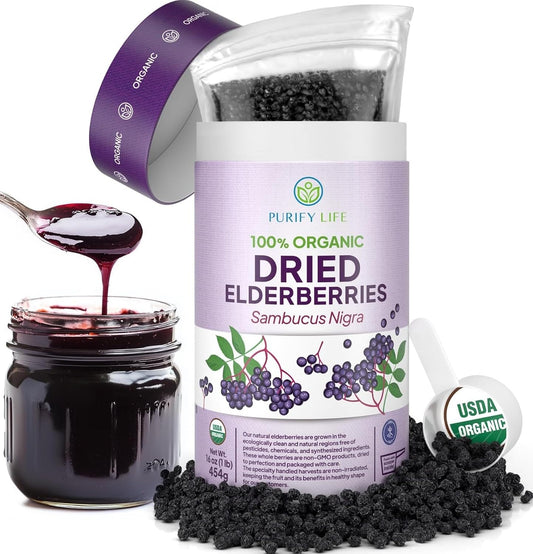 Purify Life organic dried elderberries in bulk packaging for immune-support recipes.