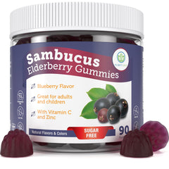 Purify Life Elderberry Gummies bottle shows sugar-free vegan immune support.