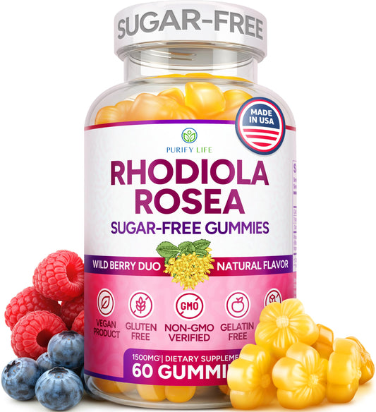 Purify Life sugar-free rhodiola gummies bottle front highlights a clean energy option