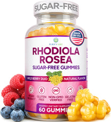 Purify Life sugar-free rhodiola gummies bottle front highlights a clean energy option