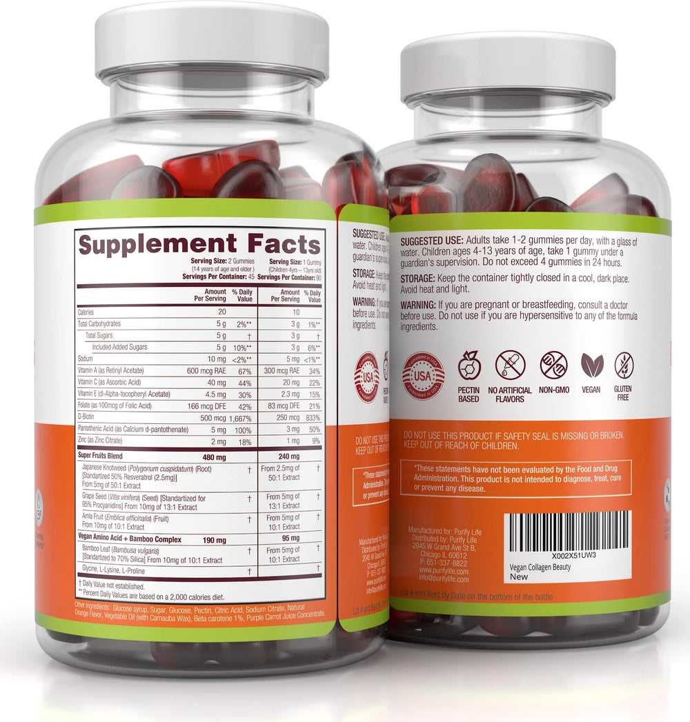 Purify Life vegan collagen gummies ingredient panel highlights bamboo silica and amino acids