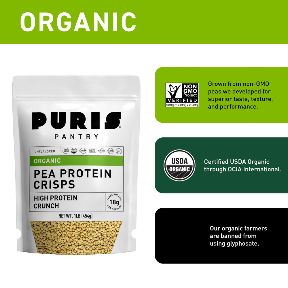 PURIS Organic Pea Protein Crisps keto-friendly crunch for low-carb meals.