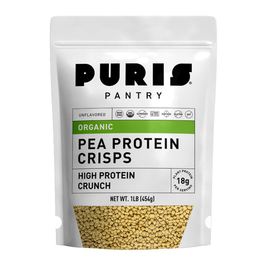 PURIS Organic Pea Protein Crisps packaging highlights USA-made, organic protein for clean snacking.
