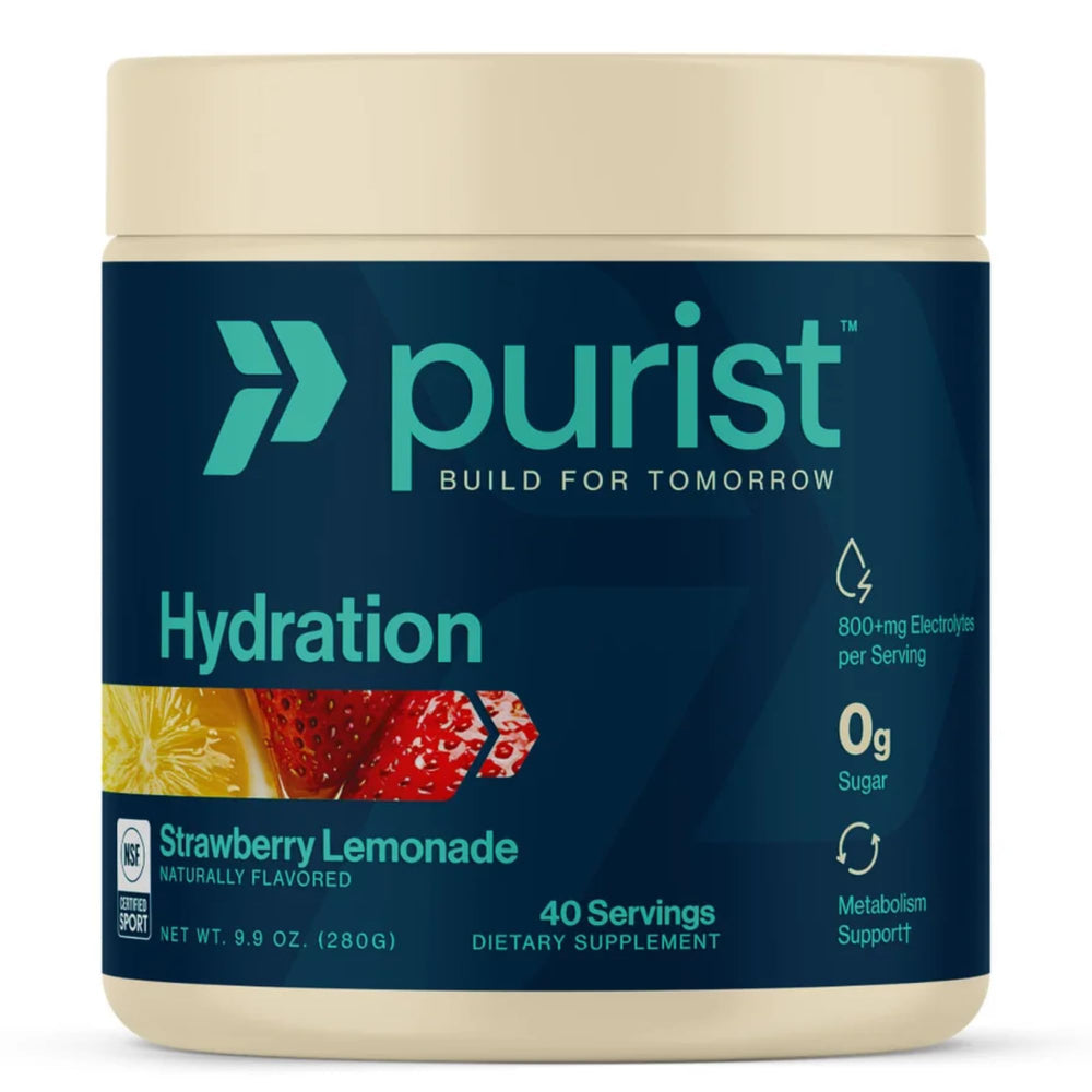 Purist Electrolyte Powder bottle for convenient zero-sugar hydration.