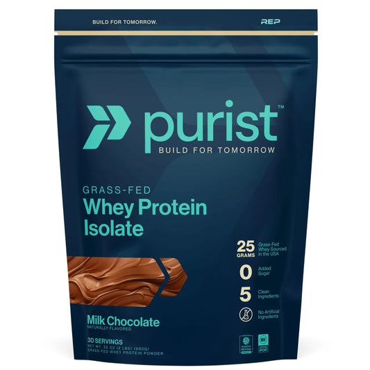 PURIST REP Whey Protein powder jar showing grass-fed origin and clean nutrition