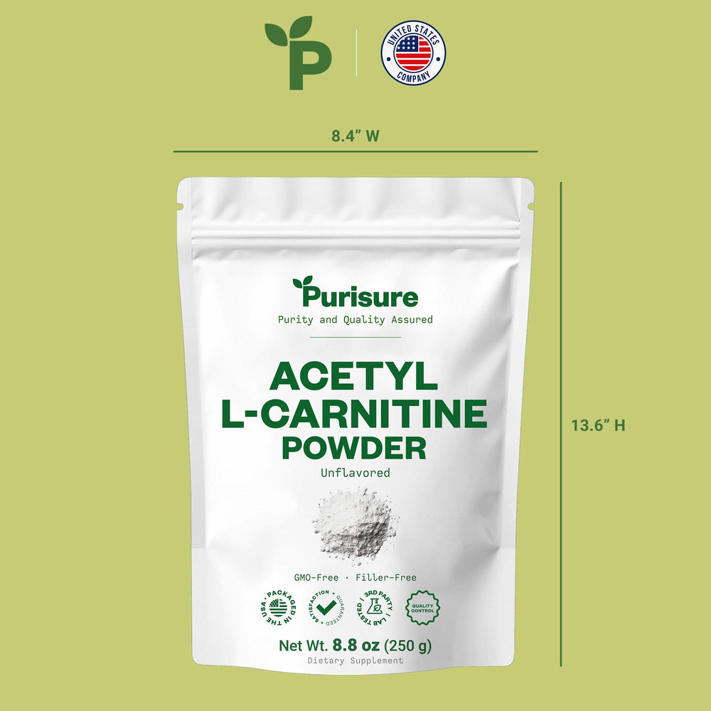 Purisure Acetyl L-Carnitine powder packaging on display, gluten-free and non-GMO.
