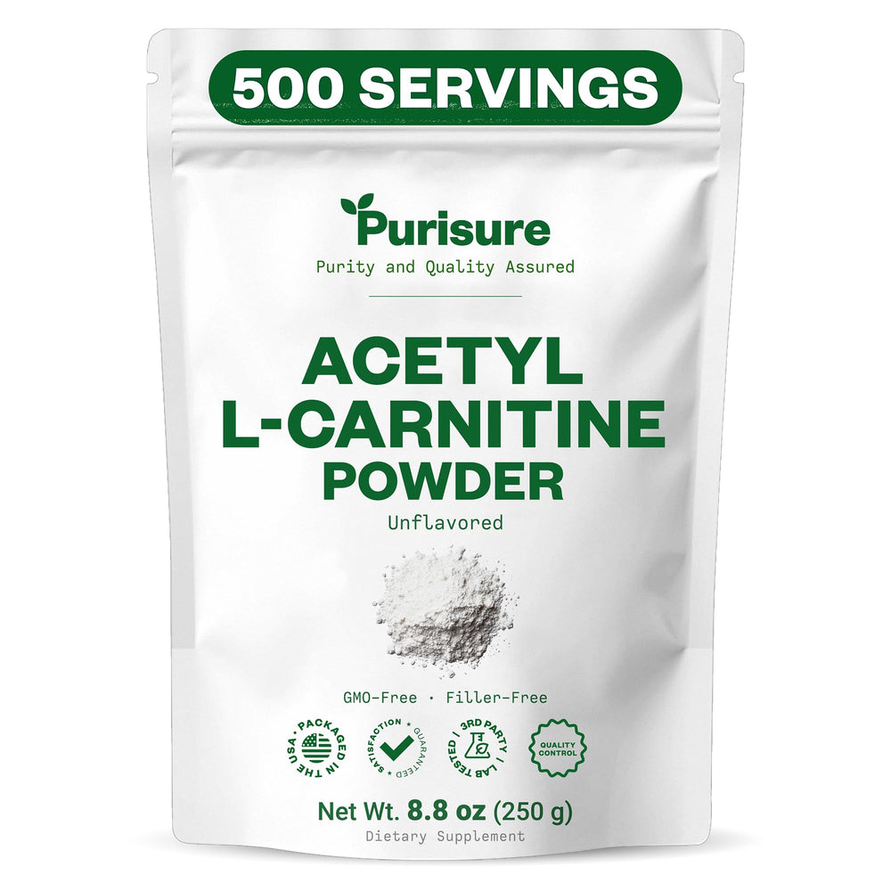 Purisure Acetyl L-Carnitine powder tub front for energy support.