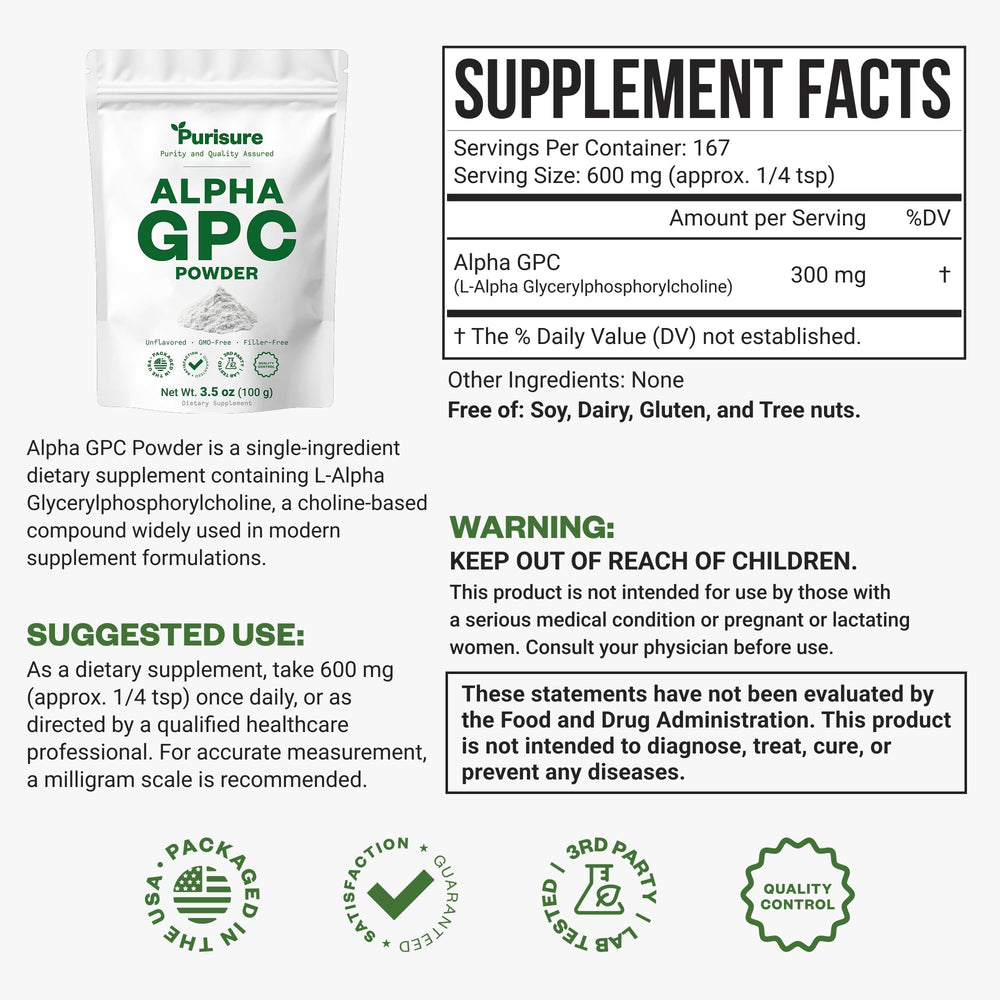 Purisure Alpha GPC jar label visible, indicating premium choline source.