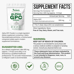 Purisure Alpha GPC jar label visible, indicating premium choline source.