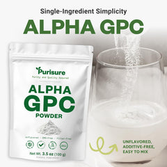 Purisure Alpha GPC powder measuring spoon beside jar.