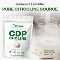 Purisure CDP Choline Powder with a measuring scoop for accurate daily servings.