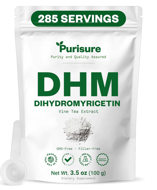 Purisure DHM powder bottle front, premium wellness support for daily use.