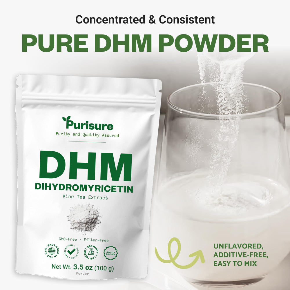 Purisure DHM powder packaging display, premium DHM for your wellness routine.