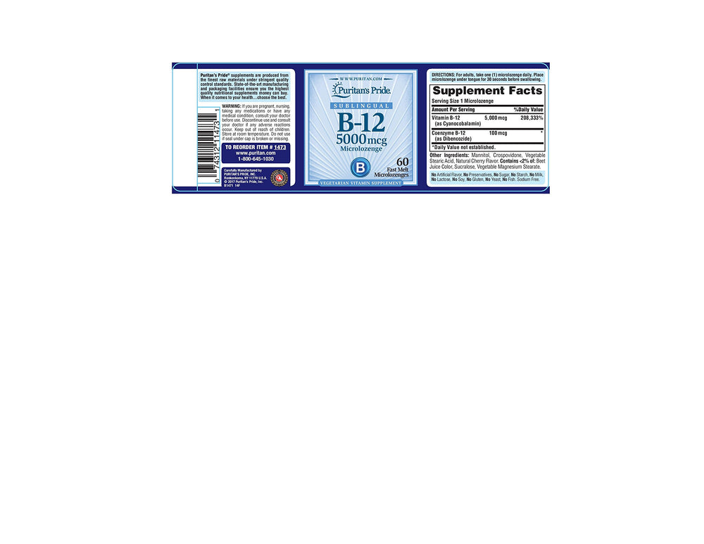 Puritan's Pride vitamin B-12 microlozenge bottle and pack for daily vitality.