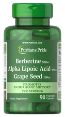 Puritan's Pride berberine alpha lipoic acid grape seed capsules front view for antioxidant support.