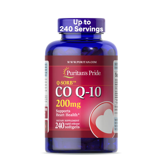 Puritan's Pride CoQ10 200mg bottle for heart health support and daily energy.