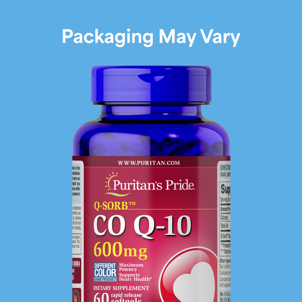Close-up of Puritan's Pride CoQ10 600mg label showing potency.