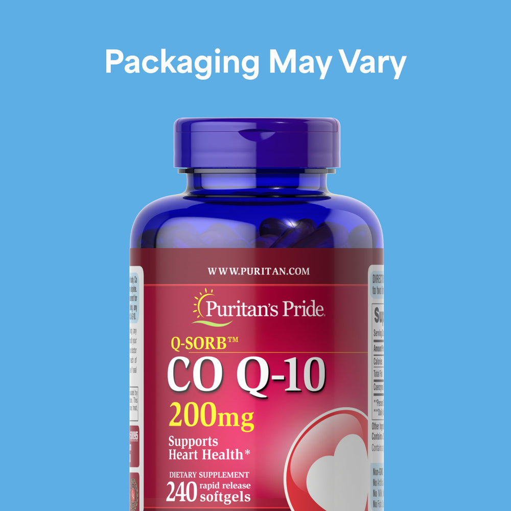 Puritan's Pride CoQ10 softgels close-up highlighting easy-to-swallow daily capsules.