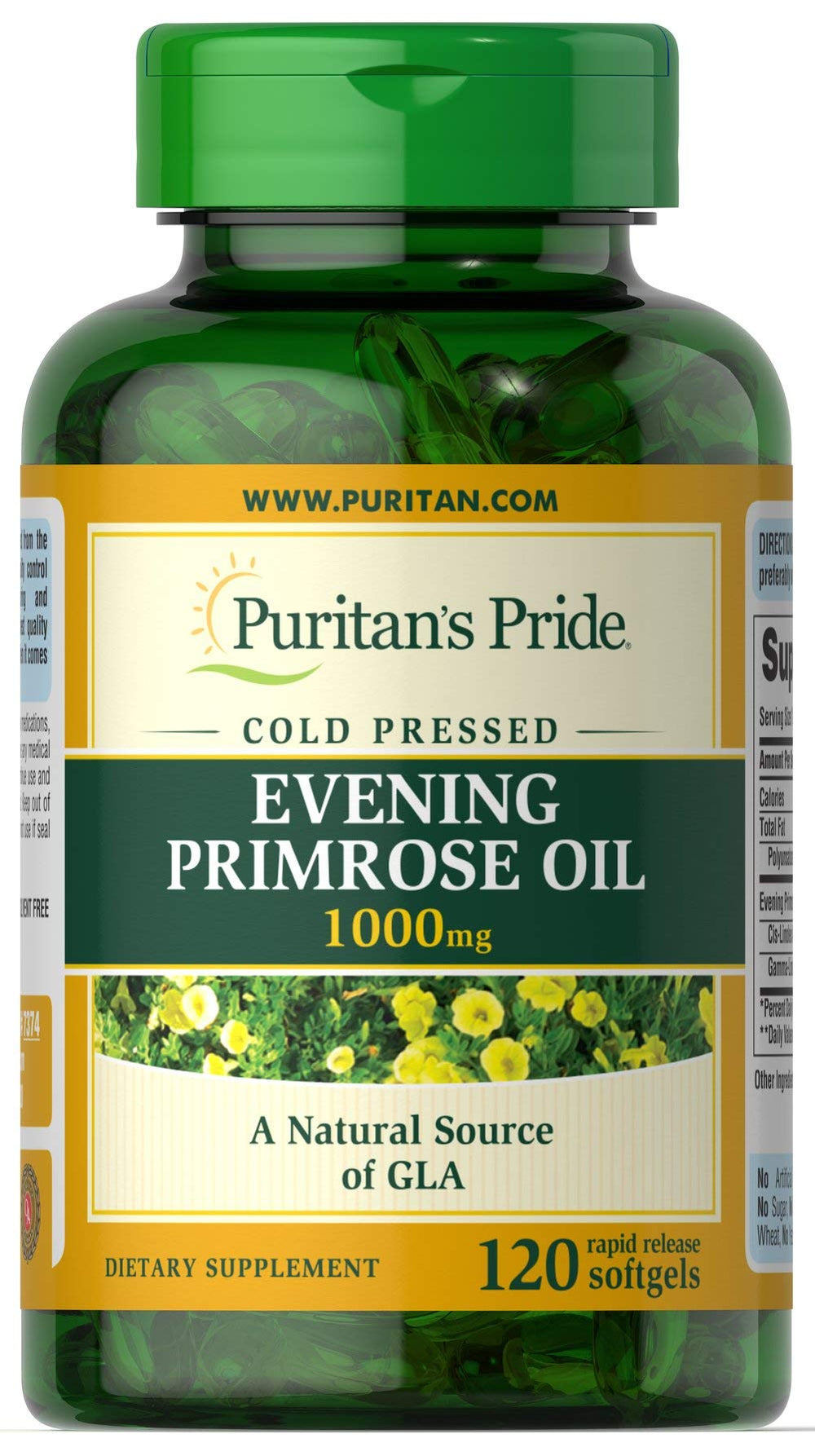 Puritan's Pride Evening Primrose Oil bottle with softgels highlighting high quality and 1000 mg potency