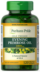 Puritan's Pride Evening Primrose Oil bottle with softgels highlighting high quality and 1000 mg potency