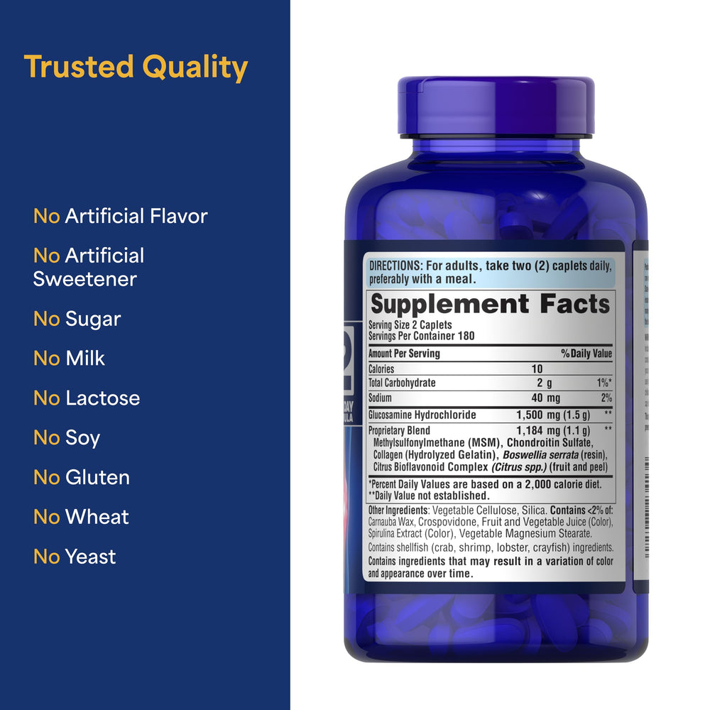Puritan's Pride glucosamine chondroitin msm ingredient blend showcases holistic formulation.