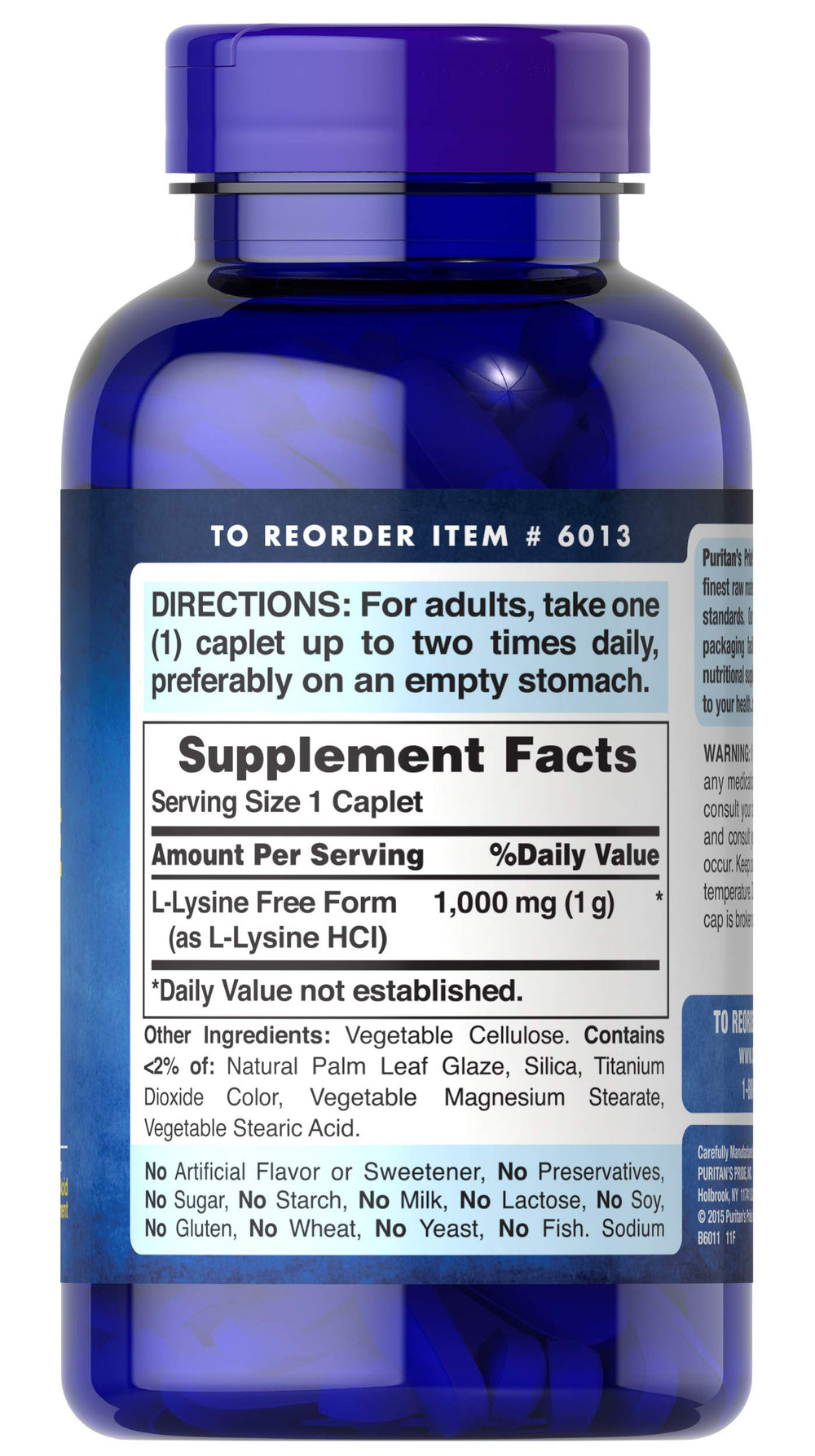 Puritan's Pride L-Lysine 1000 mg caplets box with 250-count label highlights long-term supply.