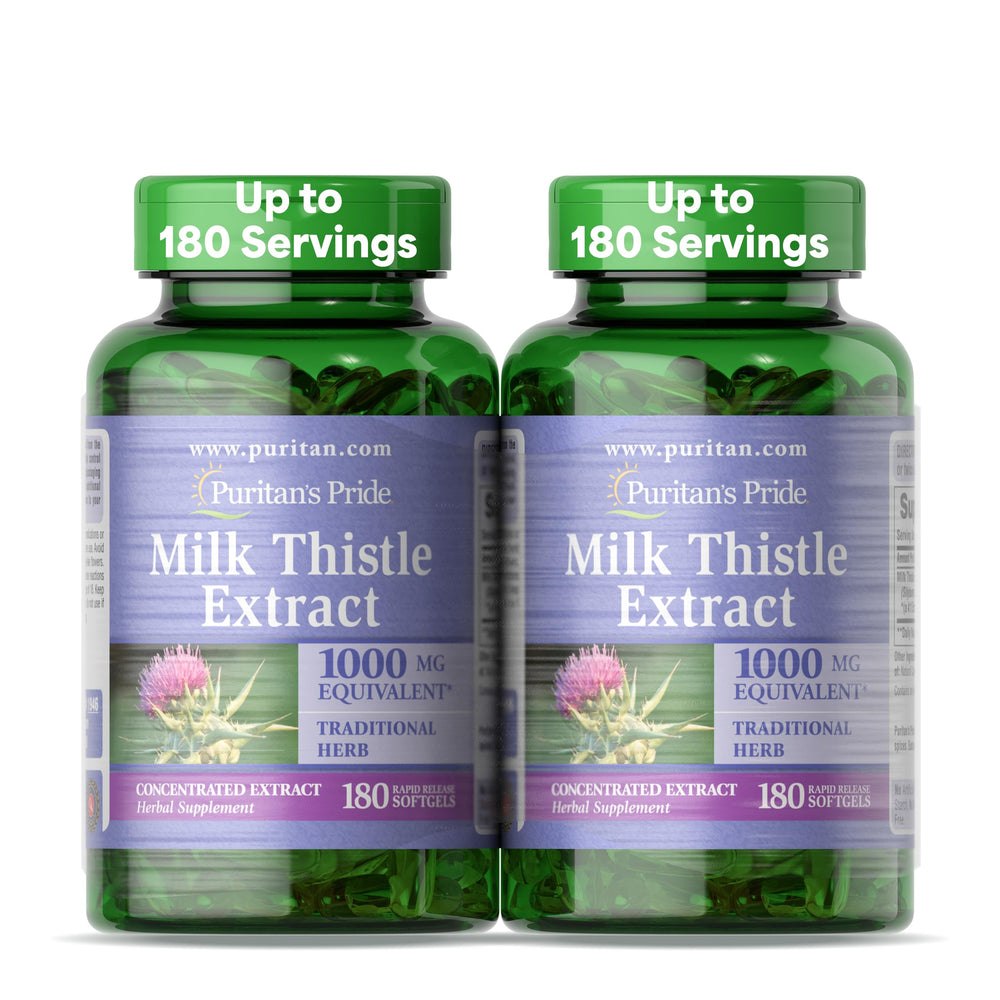 Puritan's Pride milk thistle bottle front with four-to-one extract, potential liver support