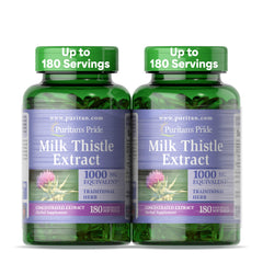 Puritan's Pride milk thistle bottle front with four-to-one extract, potential liver support