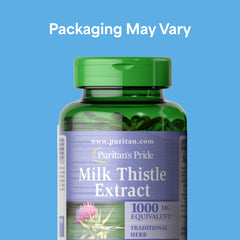 Puritan's Pride milk thistle softgels close-up, rapid-release format for daily use