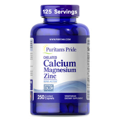 Puritan's Pride premium chelated calcium bottle shows bone-support minerals for daily health.