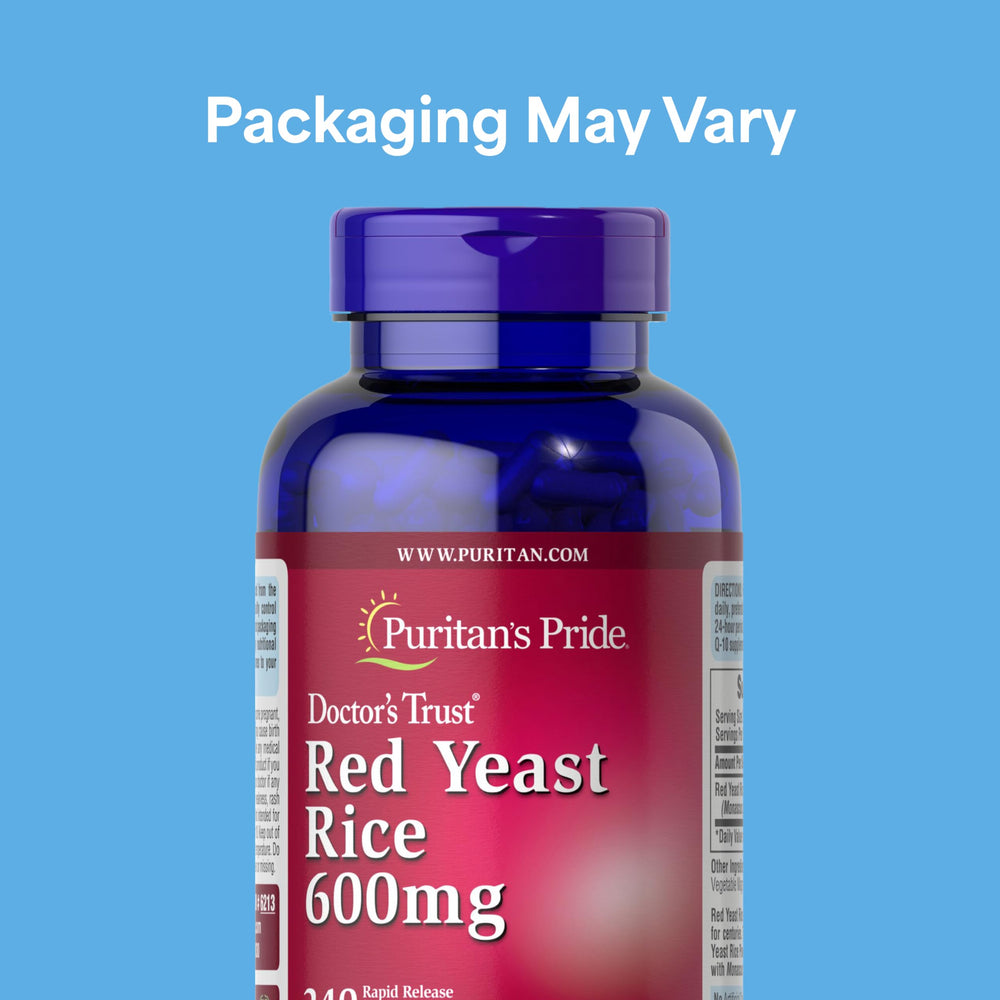 Puritan's Pride Red Yeast Rice capsules close-up highlighting rapid-release formula