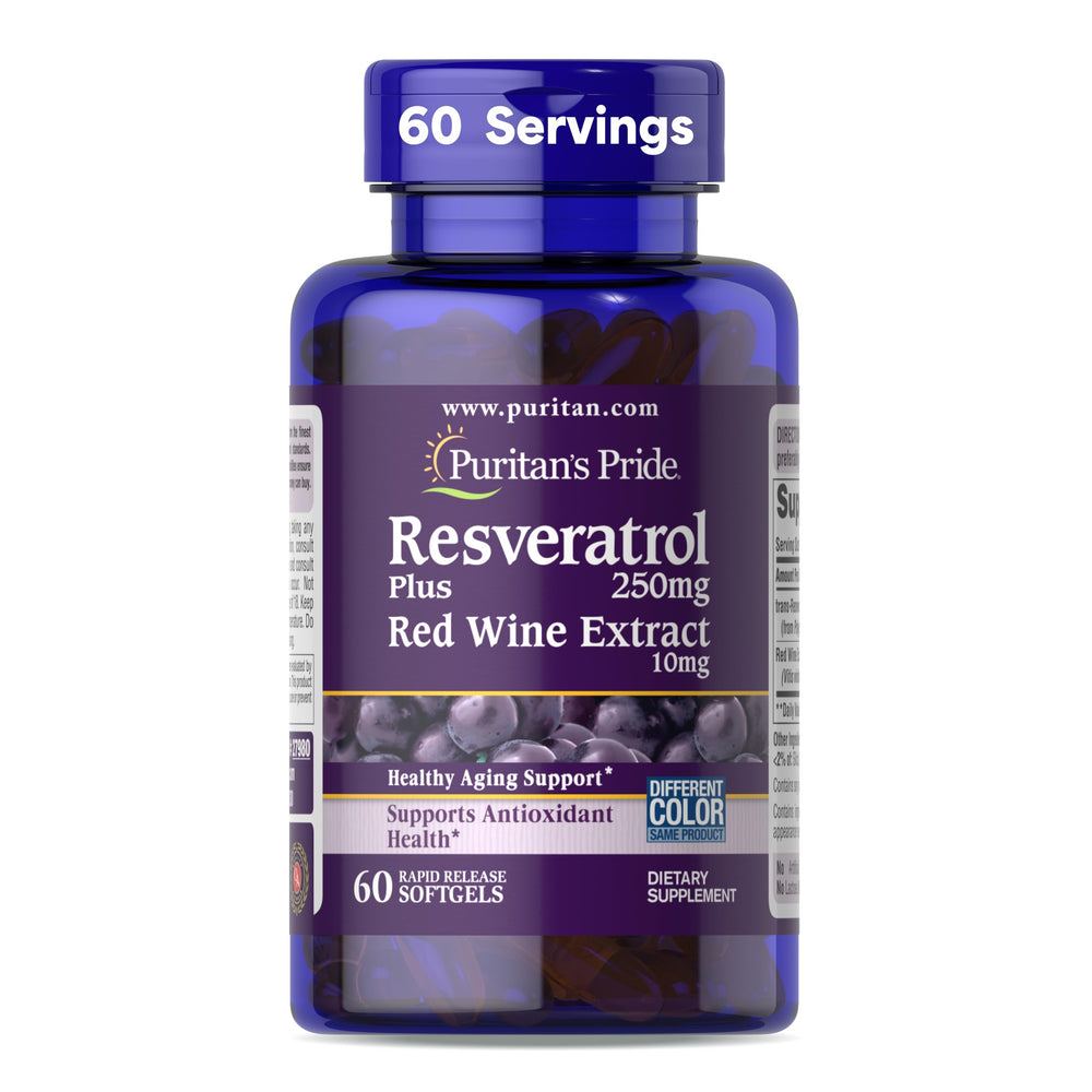 Puritan's Pride Resveratrol bottle front signals daily antioxidant support.