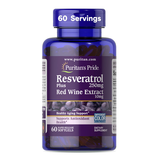 Puritan's Pride Resveratrol bottle front signals daily antioxidant support.
