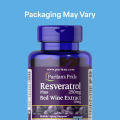 Puritan's Pride Resveratrol bottle label highlighting potency and features.