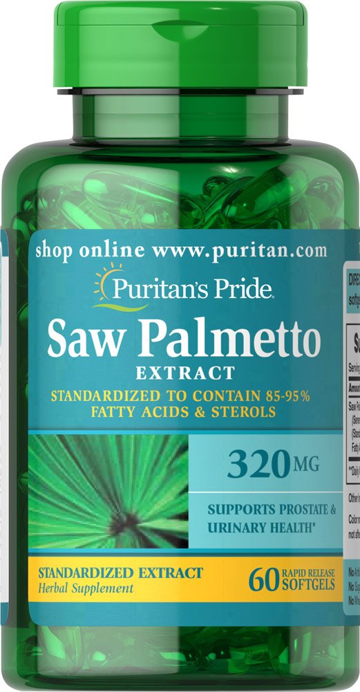 Puritan's Pride Saw Palmetto softgels 320 mg for prostate health support.