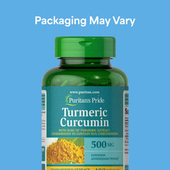Close-up of Puritan's Pride Turmeric Curcumin capsules highlighting rapid-release design.