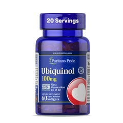 Puritan's Pride ubiquinol CoQ10 softgel bottle visible for antioxidant support