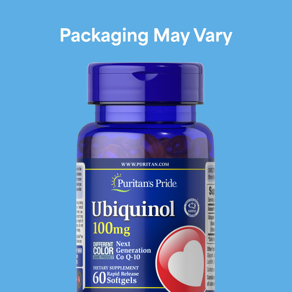 Puritan's Pride ubiquinol CoQ10 softgel label close-up highlighting potency