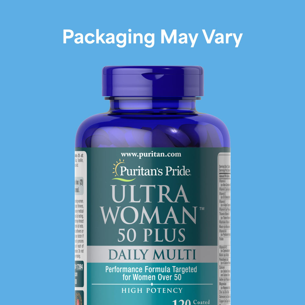 Puritan's Pride Ultra Woman 50+ timed-release capsules visible with steady nutrient delivery