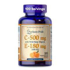 Puritan's Pride Vitamin C-500mg Rose HIPS softgel bottle for daily immune support.