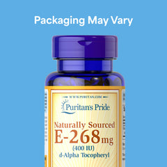 Puritan's Pride Vitamin E-268mg softgel closeup highlighting easy-to-swallow capsules for daily use.