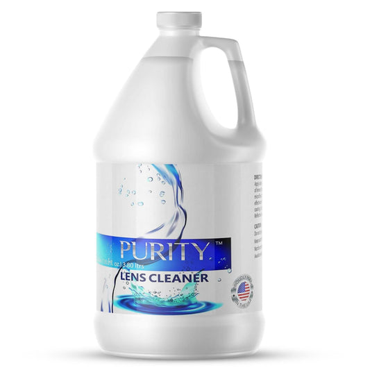 Purity Lens Cleaner refill bottle close-up, safe for all lenses.