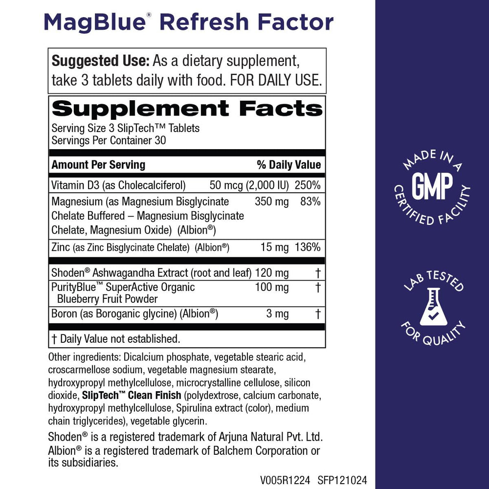 Purity MagBlue Refresh Factor tablet close-up highlighting magnesium for energy.