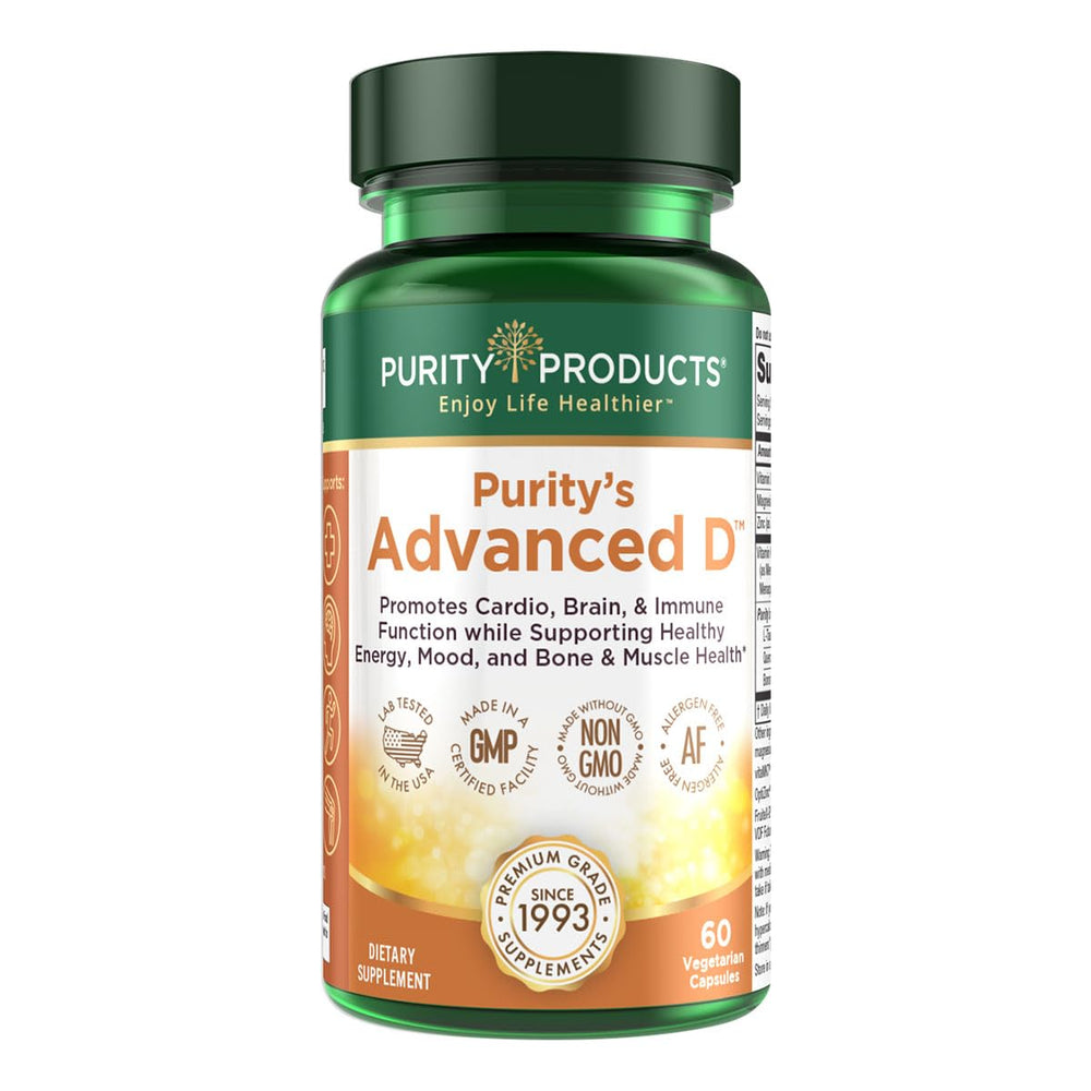 Purity Products Advanced D bottle close-up showing easy-to-take vitamin D3 capsules for daily support