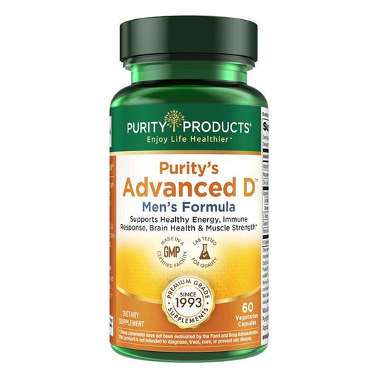 Purity Products Advanced D Men's Formula bottle on white supports daily wellness.