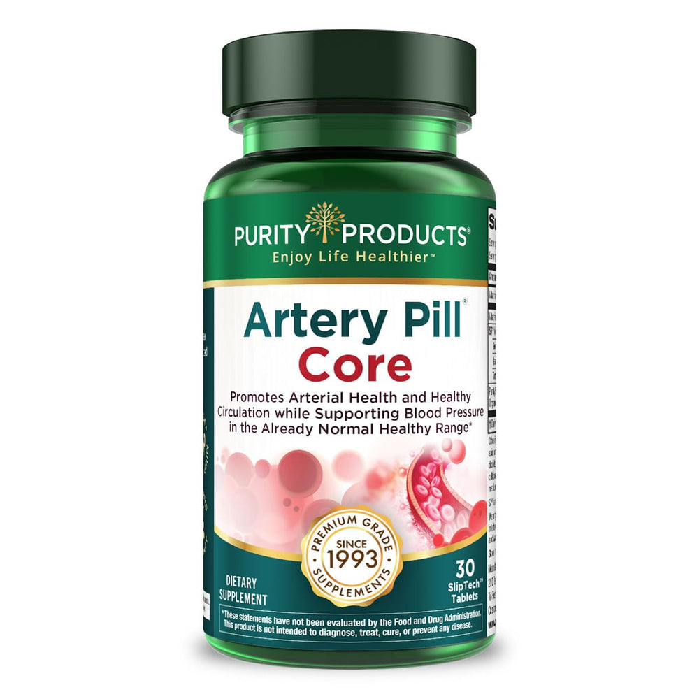 Purity Products Artery Pill Core bottle front shows a compact daily supplement for arterial support.