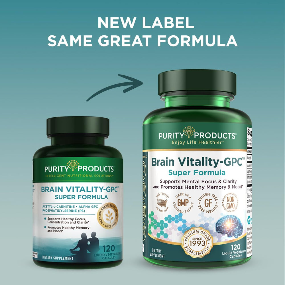 Purity Products Brain Vitality GPC label view with trusted supplement details.