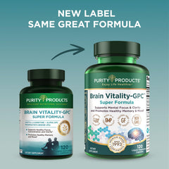 Purity Products Brain Vitality GPC label view with trusted supplement details.